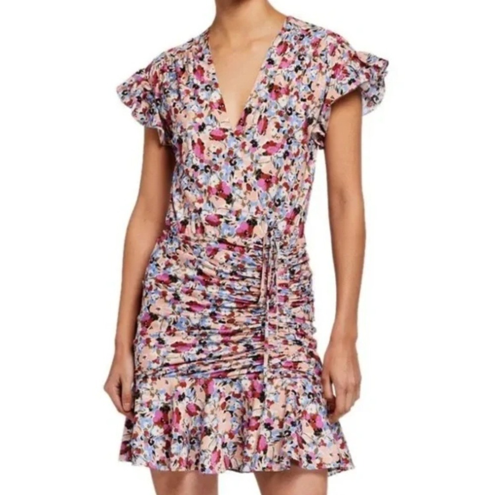 Veronica Beard Marla Ruched Floral Dress Short Flutter Sleeves Silk Blend Size 2